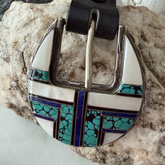 Vintage Navajo Native American Inlaid Ranger Belt Buckle Set - Picture 2 of 16